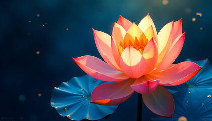 Beautiful Pink Orange Lotus Flower Blooming on Water with Blue Lily Pad and Bokeh Background