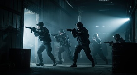 Fototapeta premium SWAT team entering a building with rifles in a smoky environment