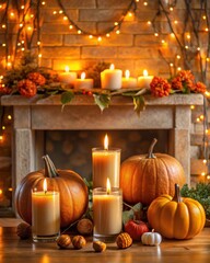 Obraz premium Photo of a cozy autumn evening with lit candles and pumpkins on a rustic wooden table in front of a fireplace with fairy lights.