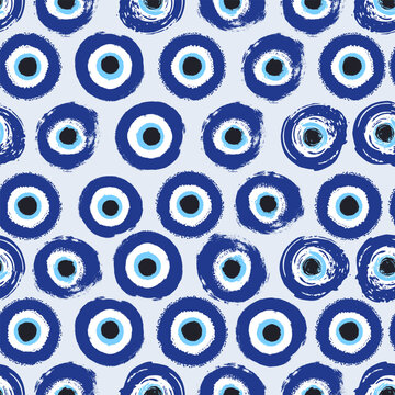 Seamless pattern grunge hand drawn Turkish evil eye. Mandala greek evil eye. Symbol of protection in Turkey, Greece, Cyprus. Amulet from evil eye. Blue Turkish fatima's eye. Magic item, attribute.