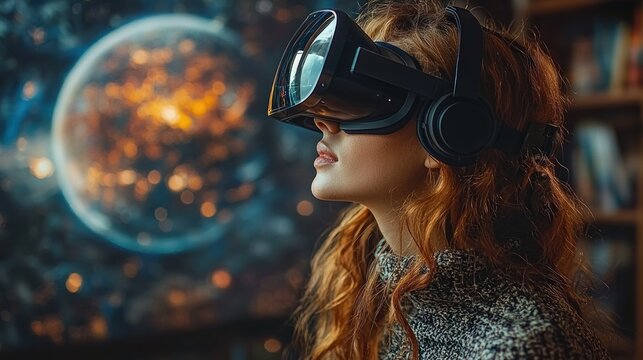 Woman using VR headset, exploring virtual space.