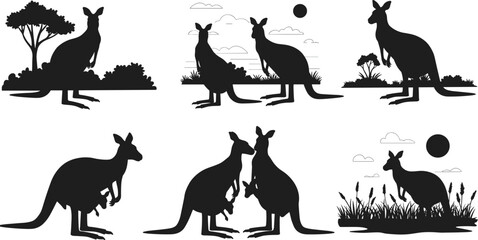 Kangaroo silhouettes with joey in pouch, Australian wildlife vector set, nature animals, wild bush scenes, outdoor fauna design elements.
