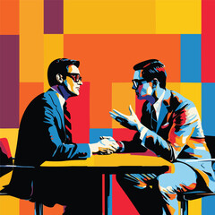 Colorful pop art illustration of two businessmen talking at a table, symbolizing corporate communication and partnership.