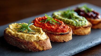 Colorful Bruschetta Appetizers on Slate Board - A Culinary Delight.