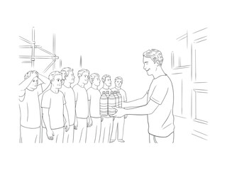 Drawn sketch of diverse group of people in a collaborative work environment showing teamwork white background