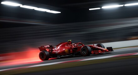 Naklejka premium Red race car speeding on a track during a competition at night