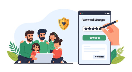 Conceptual illustration of family online safety using a password manager app on a smartphone. EPS Editable