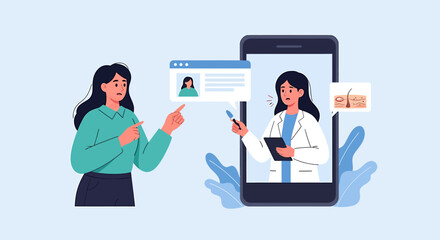 Concerned patient having an online video consultation with a doctor about a skin condition via smartphone. EPS Editable