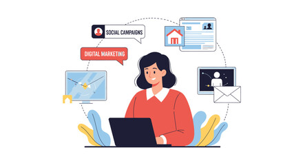 Digital marketing concept with a female professional at a laptop managing social campaigns email and web analytics. EPS Editable