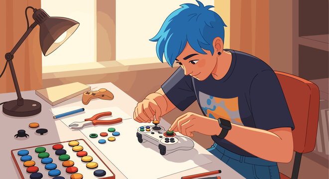 Creative teen with blue hair and earring customizing a white video game controller with colorful buttons. EPS Editable