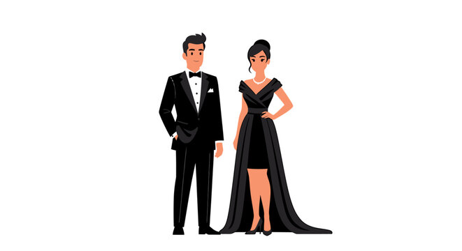 Elegant cartoon couple in formal black attire man in tuxedo and woman in evening gown. EPS Editable