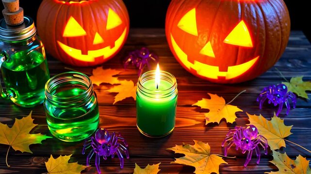 Glowing jack-o&rsquo;-lanterns with green potion jars, a lit green candle, autumn maple leaves, and plastic spiders on a rustic wooden table