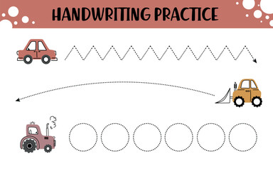 Preschool Tracing Lines Worksheet Featuring Construction Vehicles © Mariana