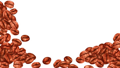 Horizontal frame of coffee beans. Aroma of robusta and arabica varieties. Watercolor, marker illustration. Blank template for cafes and restaurants. International coffee day. Hand drawn isolated art