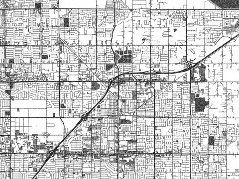 Decorative map of Clovis, California, in hand-drawn digital style, balancing urban detail with a monochrome look.