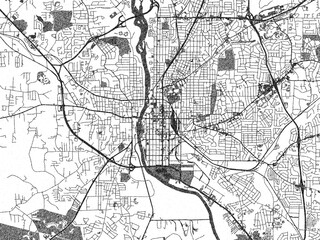 Naklejka premium Hand-drawn style black and white city map illustration of Columbus, Georgia, with detailed streets and shaded textures.