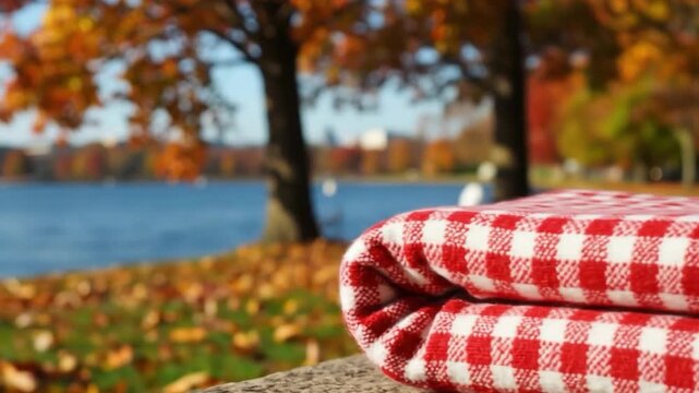 Red and white checkered blanket on outdoor table with autumn foliage and water view background