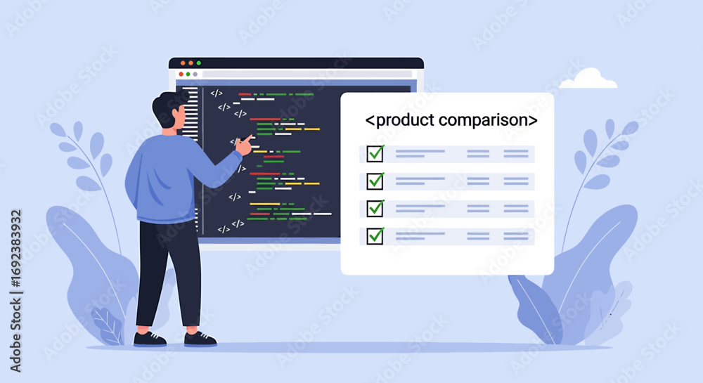 Wall mural male developer from behind pointing at code on a screen next to a product comparison checklist. eps 