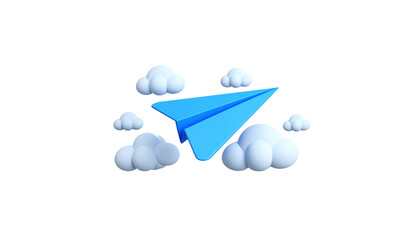 Abstract 3D graphics of many origami paper airplane symbols flying through a blue sky with clouds on a white background © lway