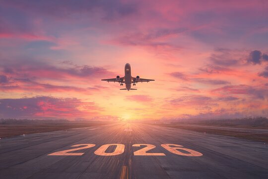 Airplane taking off over a runway with the year 2026 painted on it, during a vibrant sunset