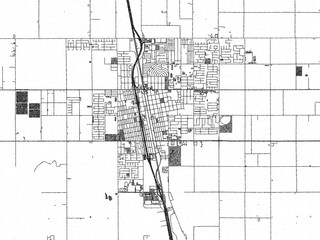 Black and white illustration map of Delano, California, showing its detailed urban layout in a hand-drawn style.