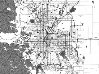 Hand-drawn style black and white city map illustration of Denver, Colorado, with detailed streets and shaded textures.
