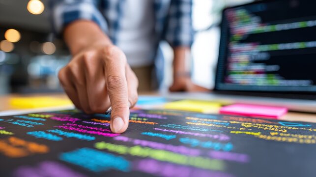 Developer pointing at critical vulnerabilities in a PR on the screen with blurred notes and coding documentation on the desk around them.