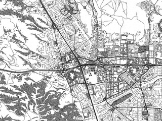 Naklejka premium Urban map of Dublin, California, illustrated in monochrome with a strong grid and shaded elements.