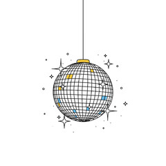 A retro disco ball adorned with sparkling starbursts and subtle colored accents reflecting light