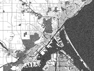 Fototapeta premium Illustrated city map of Dulluth, Minnesota, in black and white, combining detailed grids with shaded textures.