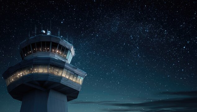 Illuminated airport control tower under a starlit sky