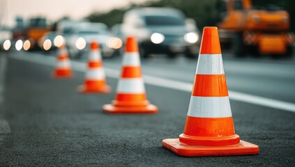 Traffic cones on a road with blurred cars