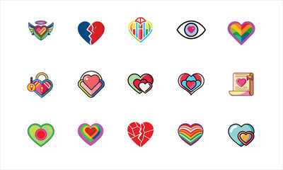 Collection of colorful heart icons and symbols isolated on white background