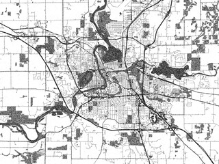 Stylized illustration of Eau Claire, Wisconsin, showing its roads and neighborhoods in sketch-like black and white.