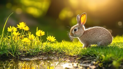 Cute Easter Bunny on Spring Meadow with Yellow Flowers and Water in Sunlight, Natural Holiday Background
