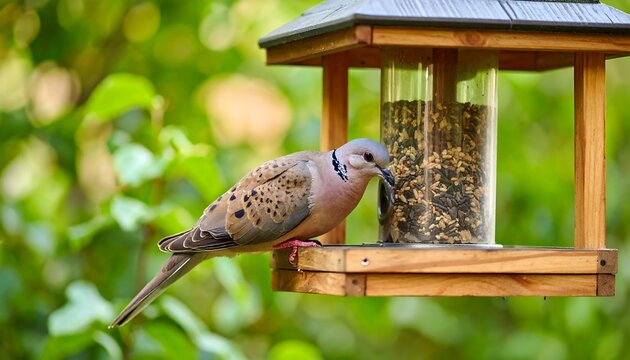 A spotted dove at a bird feeder - Powered by Adobe