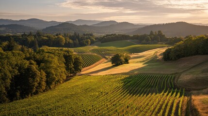 Obraz premium A picturesque vineyard bathed in golden sunlight, portraying tranquility and natural harmony.