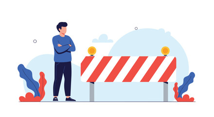 Man standing behind a traffic barrier looking thoughtful illustration