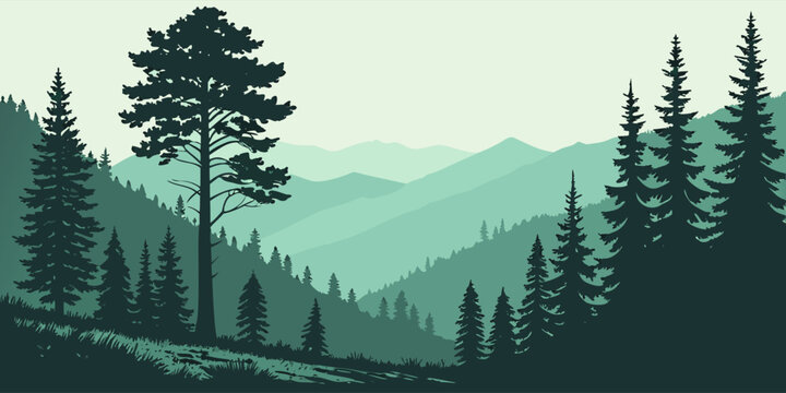 Landscape vector illustration with blue mountain range, tree silhouettes, forest background, and wild deer silhouettes concept.