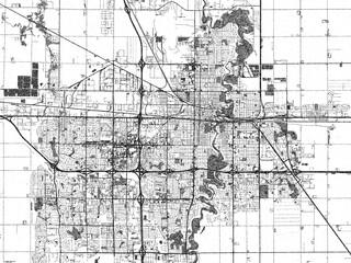 Hand-drawn style black and white city map illustration of Fargo North, Dakota, with detailed streets and shaded textures.