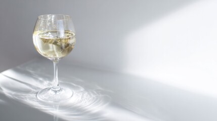 Minimalist table with a solitary white wine glass, reflecting the essence of understated elegance.