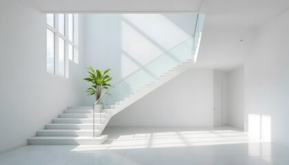 Obraz premium Minimalist Airy Interior with Glass Staircase and Vibrant Plant Accent