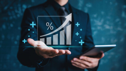 Professional growth visualized as successful businessman presents rising financial data on modern digital interface