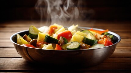 Healthy vegetables frying in a cast-iron pan with steam gently rising.