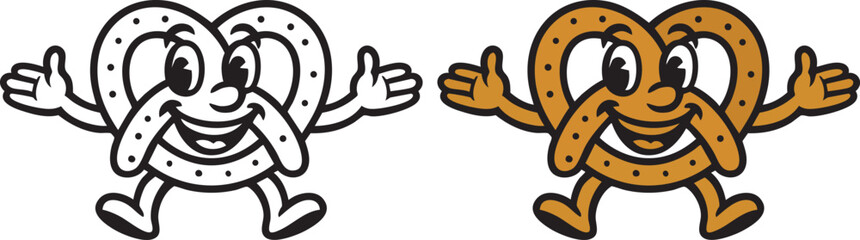 Cartoon pretzel character waving