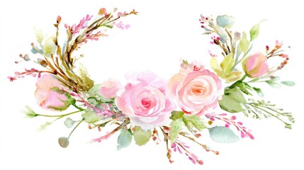 Pink rose floral wreath, hand-painted with watercolor brush strokes for a soft touch
