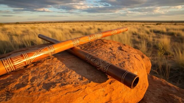 Didgeridoo instruments on a stone in natural sunlight