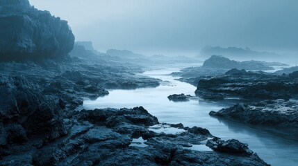 Fototapeta premium Serene Coastal Landscape with Mist Over Rocky Shore at Dawn