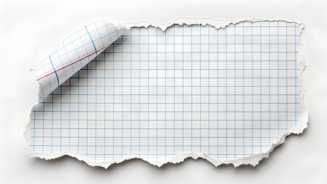 piece of lined graph paper tear isolated on white background.