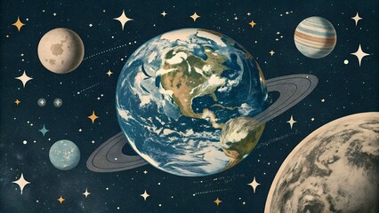 planet earth in space, vintage collage art cutout